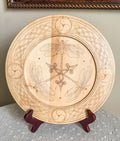 Wood plate with Celtic knots and dragonflies on a stand