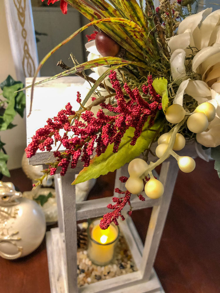 Fall floral and foliage wooden indoor lantern candleholder