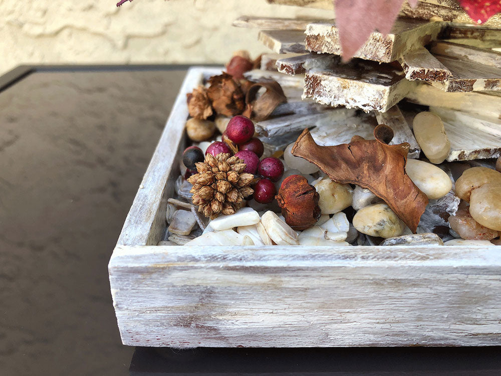 Rustic votive candleholder with a winter frost stacked wood bonfire design