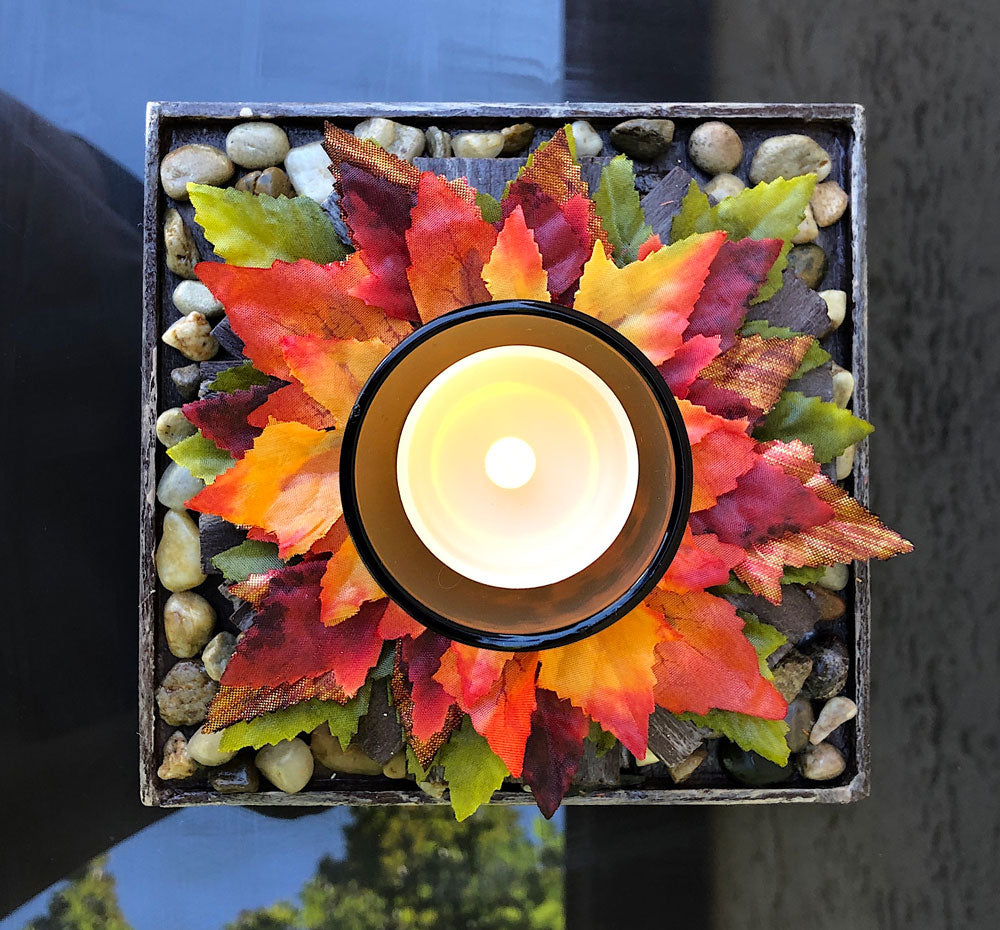 Fall rustic votive candleholder with a stacked wood bonfire design