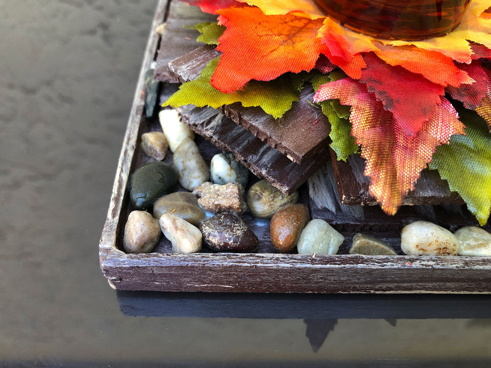 Fall rustic votive candleholder with a stacked wood bonfire design