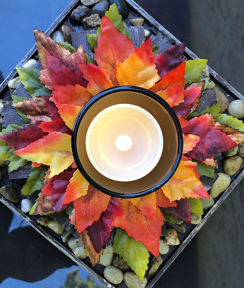 Fall rustic votive candleholder with a stacked wood bonfire design