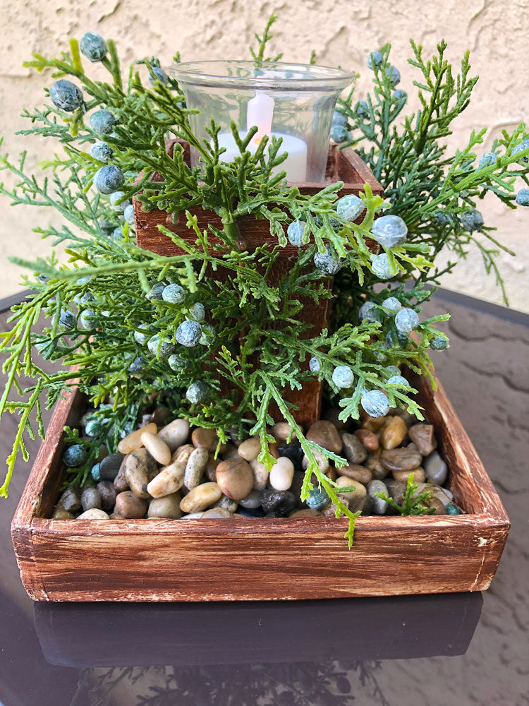 Faux juniper leaves and berries handcrafted wooden candleholder