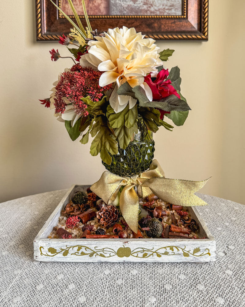 Fall faux floral bouquet in vintage green glass stemware