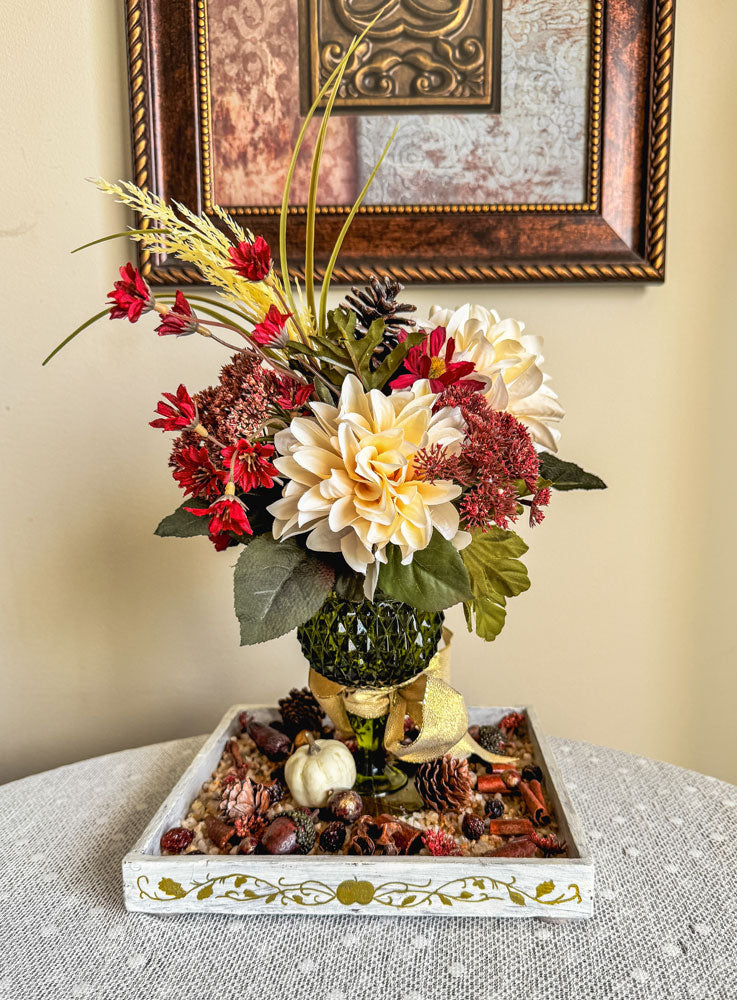 Fall faux floral bouquet in vintage green glass stemware