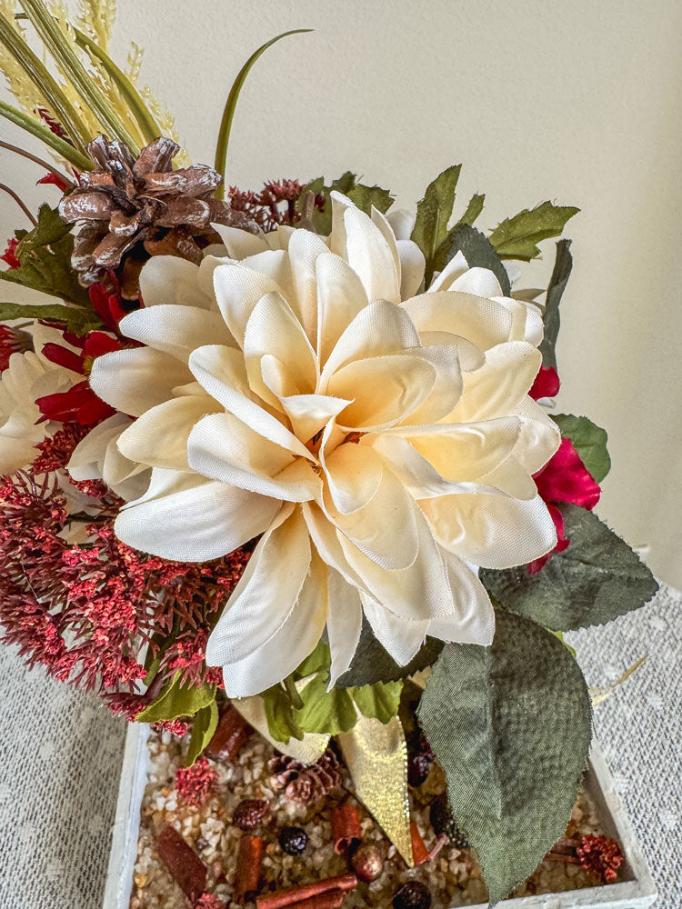 Fall faux floral bouquet in vintage green glass stemware