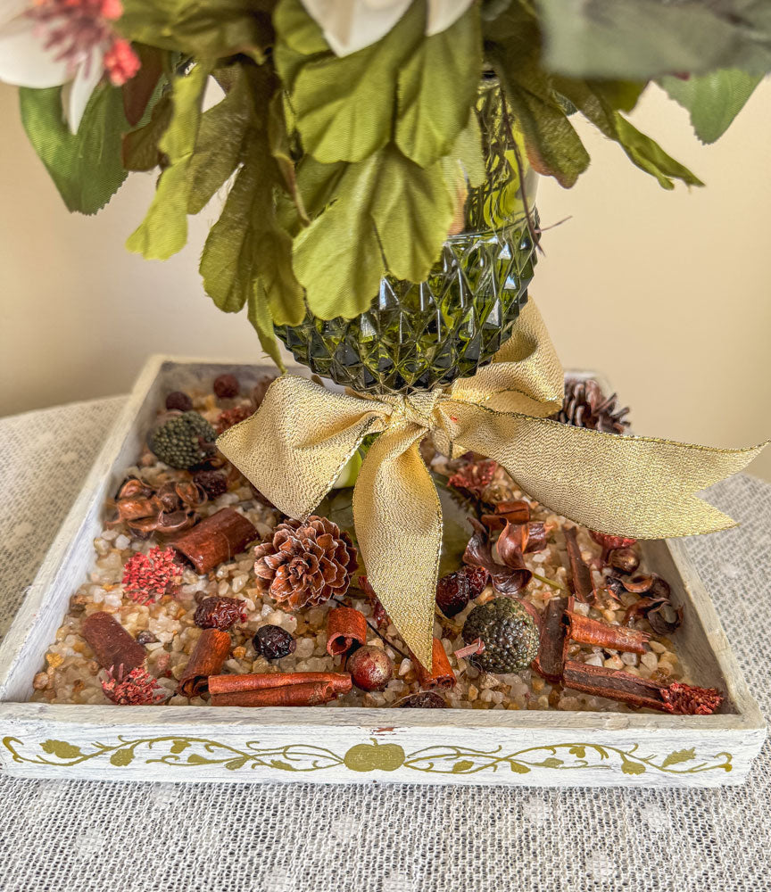 Fall faux floral bouquet in vintage green glass stemware