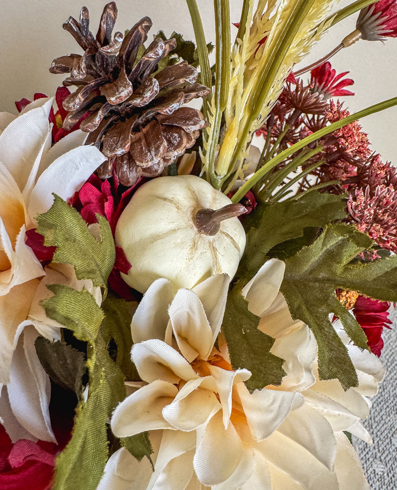 Fall faux floral bouquet in vintage green glass stemware