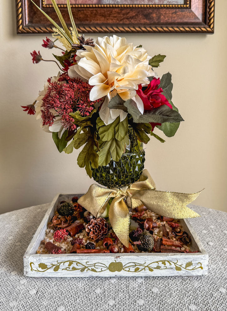 Fall faux floral bouquet in vintage green glass stemware