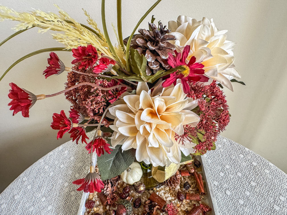 Fall faux floral bouquet in vintage green glass stemware