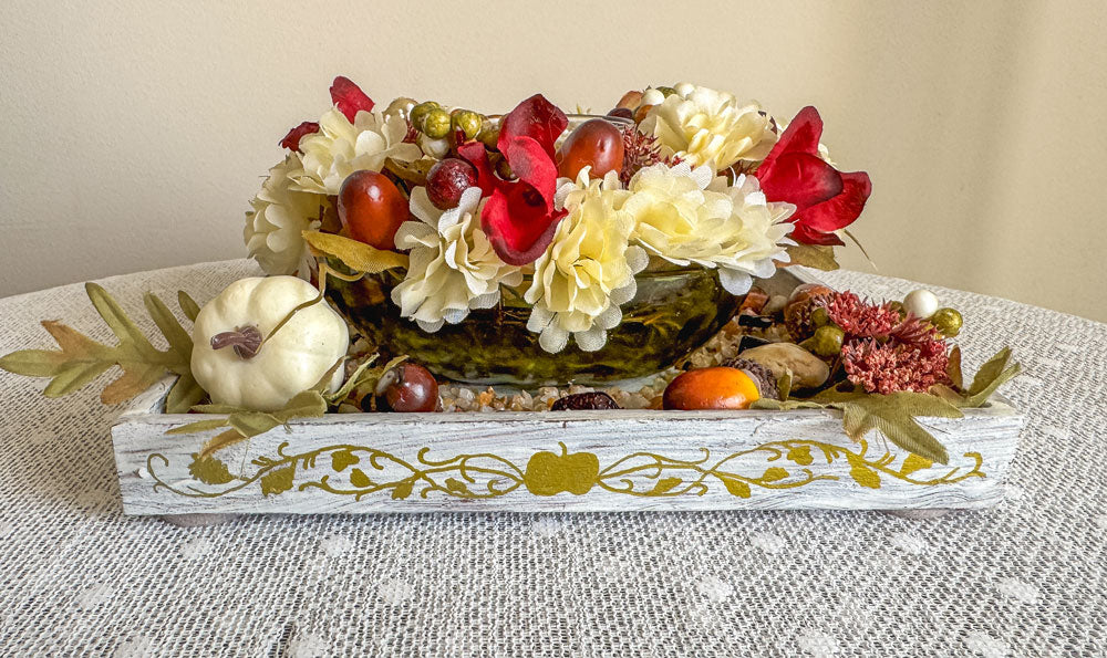 Autumn-themed candleholder with upcycled green glass apple candy dish