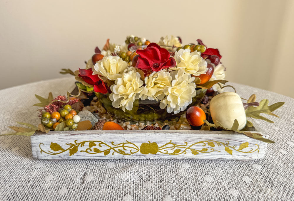 Autumn-themed candleholder with upcycled green glass apple candy dish