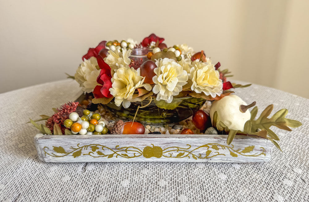 Autumn-themed candleholder with upcycled green glass apple candy dish