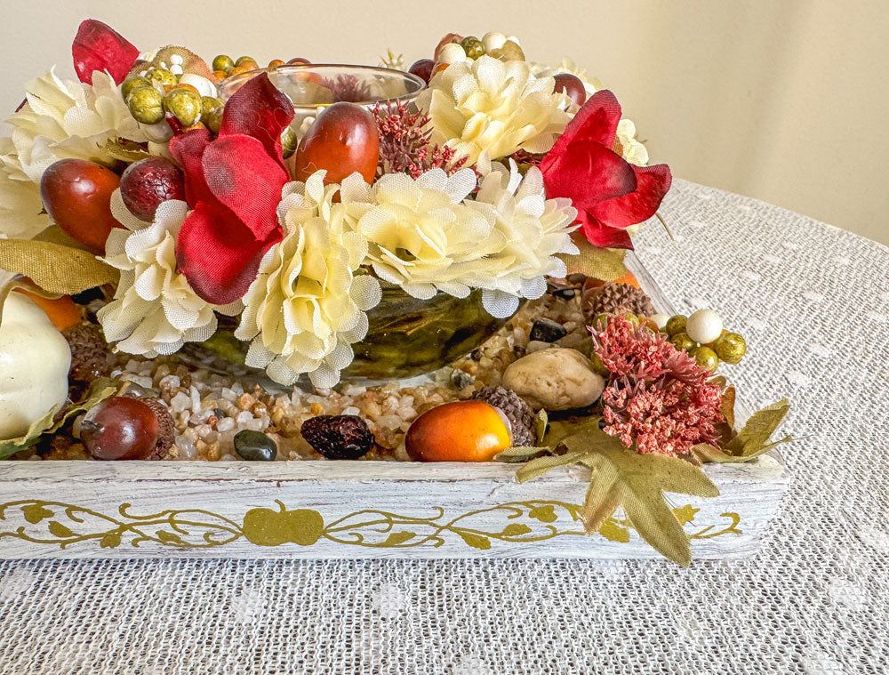 Autumn-themed candleholder with upcycled green glass apple candy dish