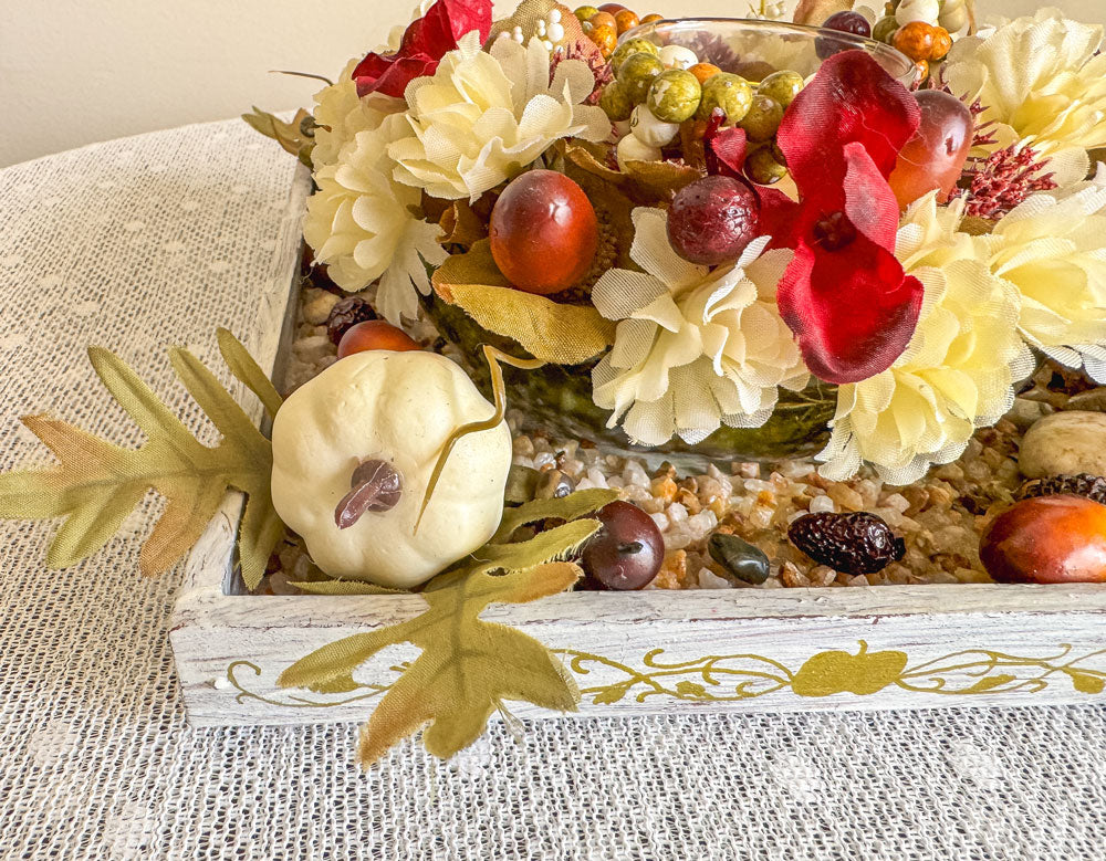 Autumn-themed candleholder with upcycled green glass apple candy dish