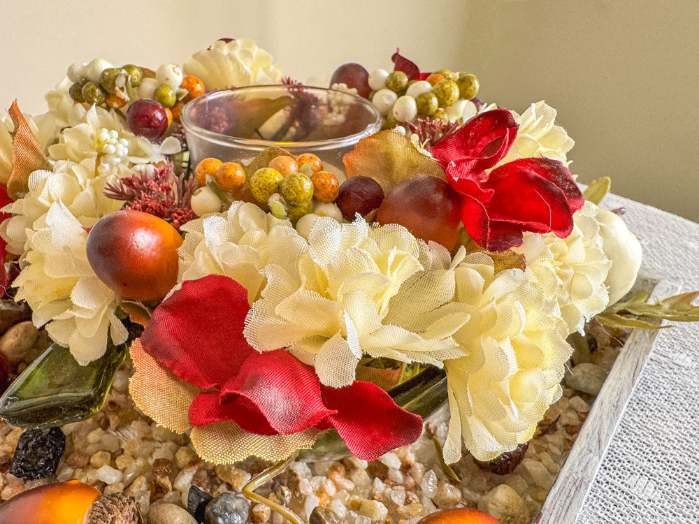 Autumn-themed candleholder with upcycled green glass apple candy dish