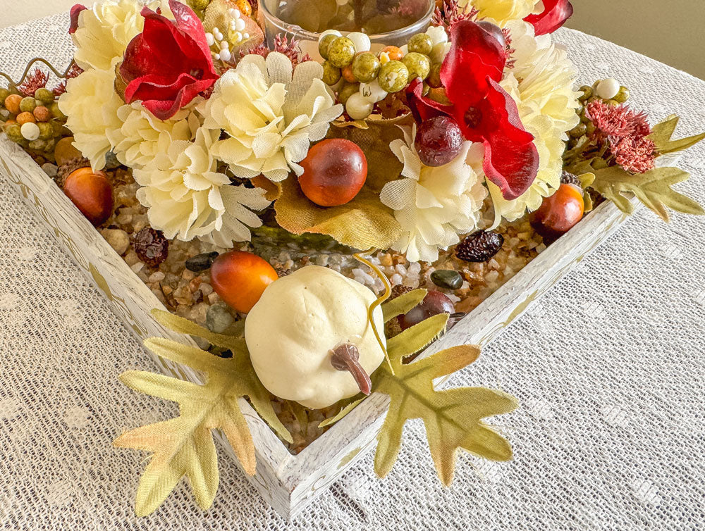 Autumn-themed candleholder with upcycled green glass apple candy dish