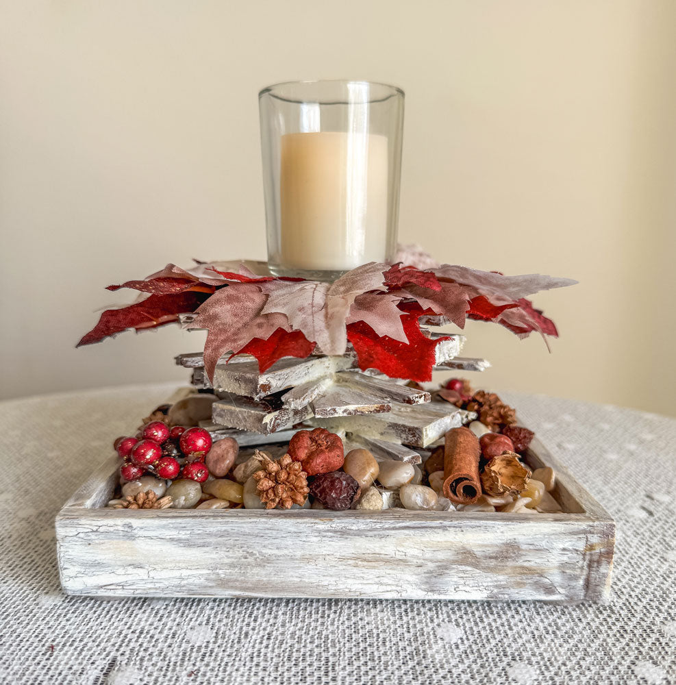 Rustic votive candleholder with a winter frost stacked wood bonfire design