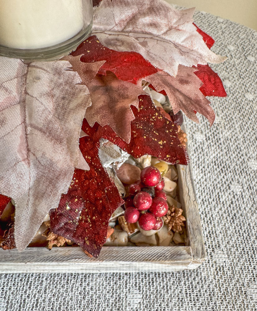 Rustic votive candleholder with a winter frost stacked wood bonfire design