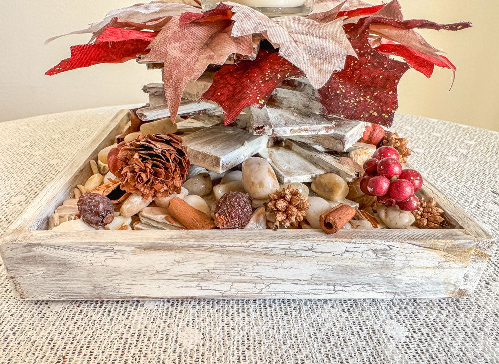 Rustic votive candleholder with a winter frost stacked wood bonfire design