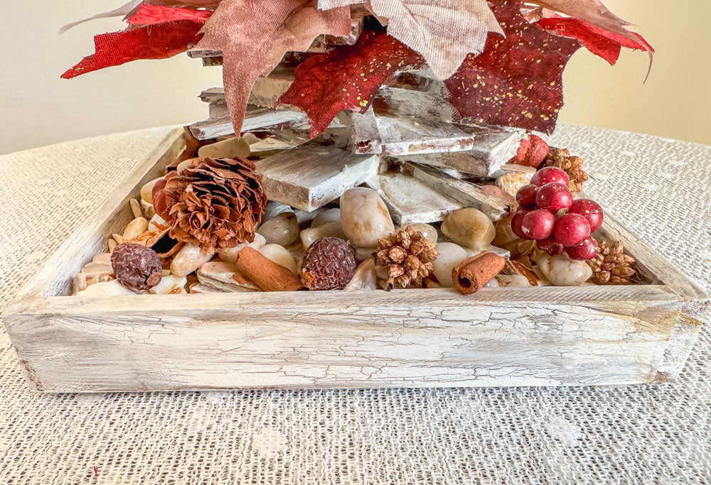 Rustic votive candleholder with a winter frost stacked wood bonfire design