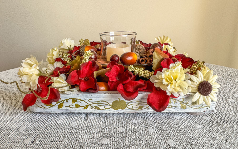 Cinnamon and apple-themed candleholder with upcycled green glass apple candy dish