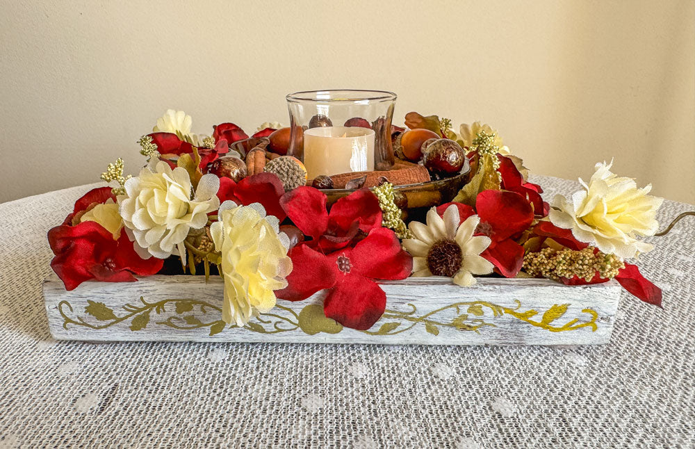 Cinnamon and apple-themed candleholder with upcycled green glass apple candy dish