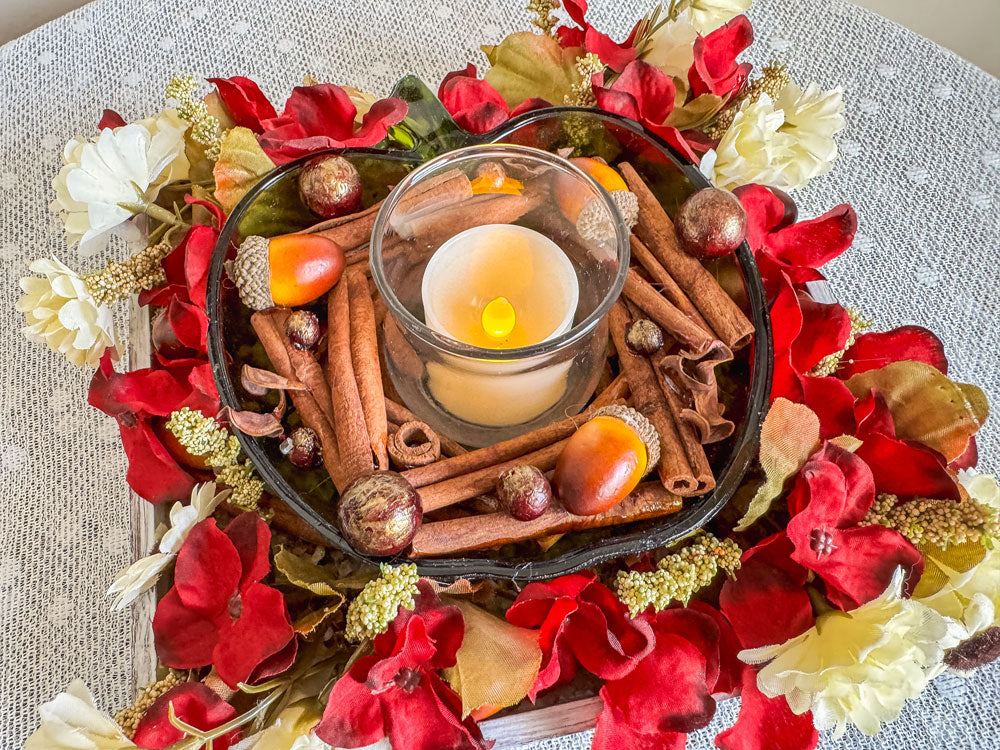 Cinnamon and apple-themed candleholder with upcycled green glass apple candy dish