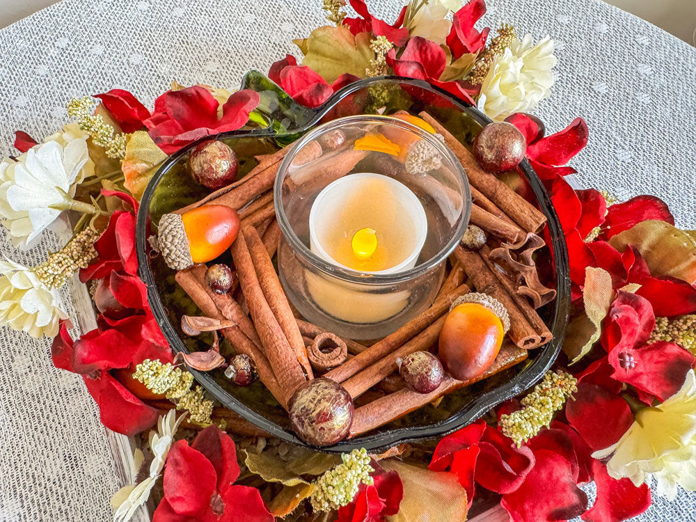 Cinnamon and apple-themed candleholder with upcycled green glass apple candy dish