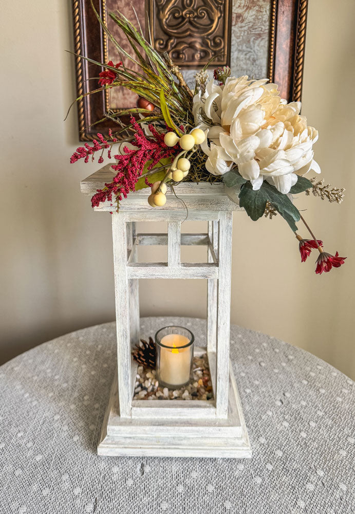 Fall floral and foliage wooden indoor lantern candleholder