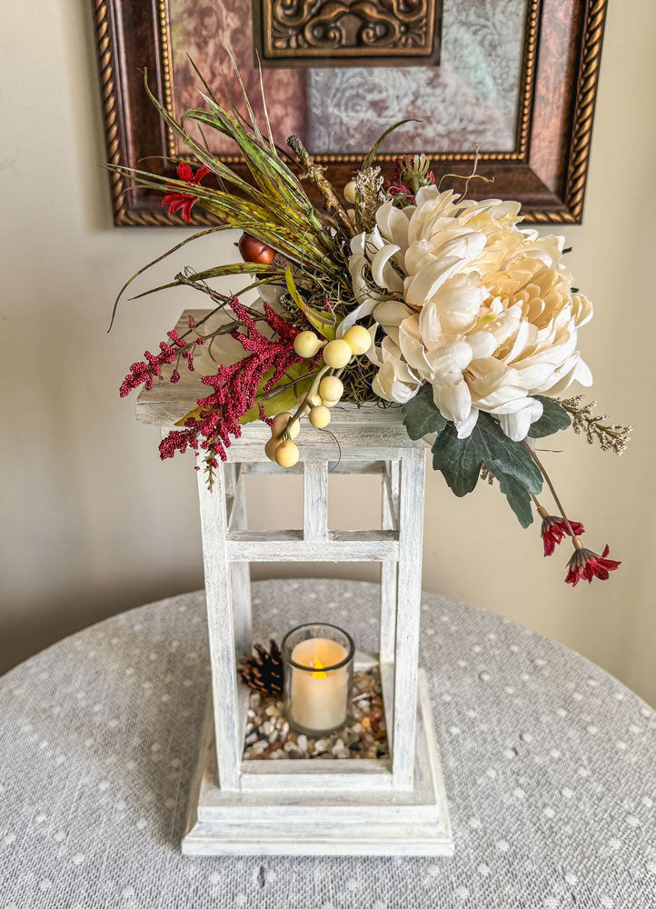 Fall floral and foliage wooden indoor lantern candleholder