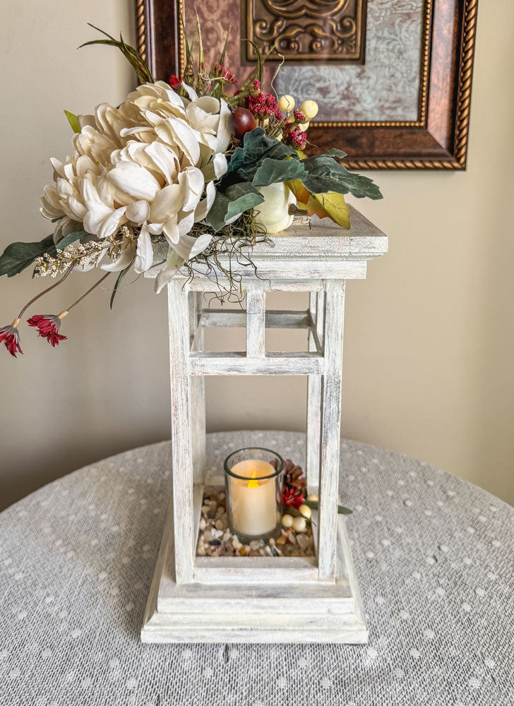 Fall floral and foliage wooden indoor lantern candleholder