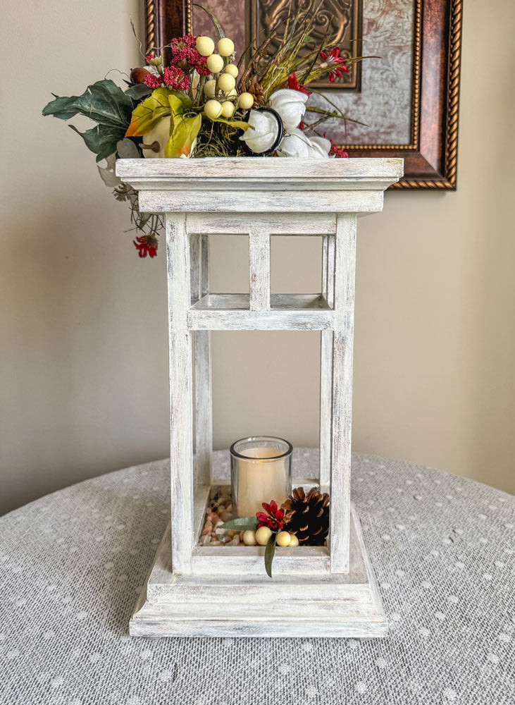 Fall floral and foliage wooden indoor lantern candleholder