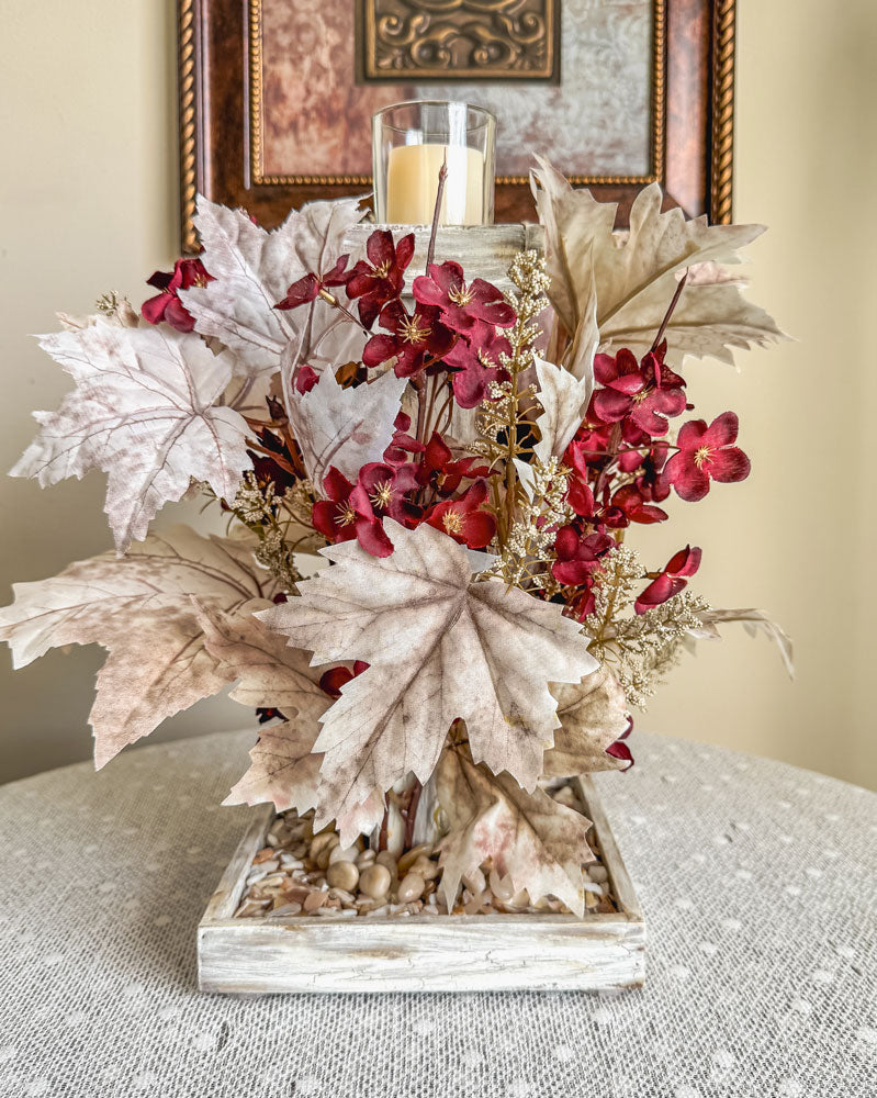 Frosty autumn handcrafted candleholder with artificial burgundy flowers