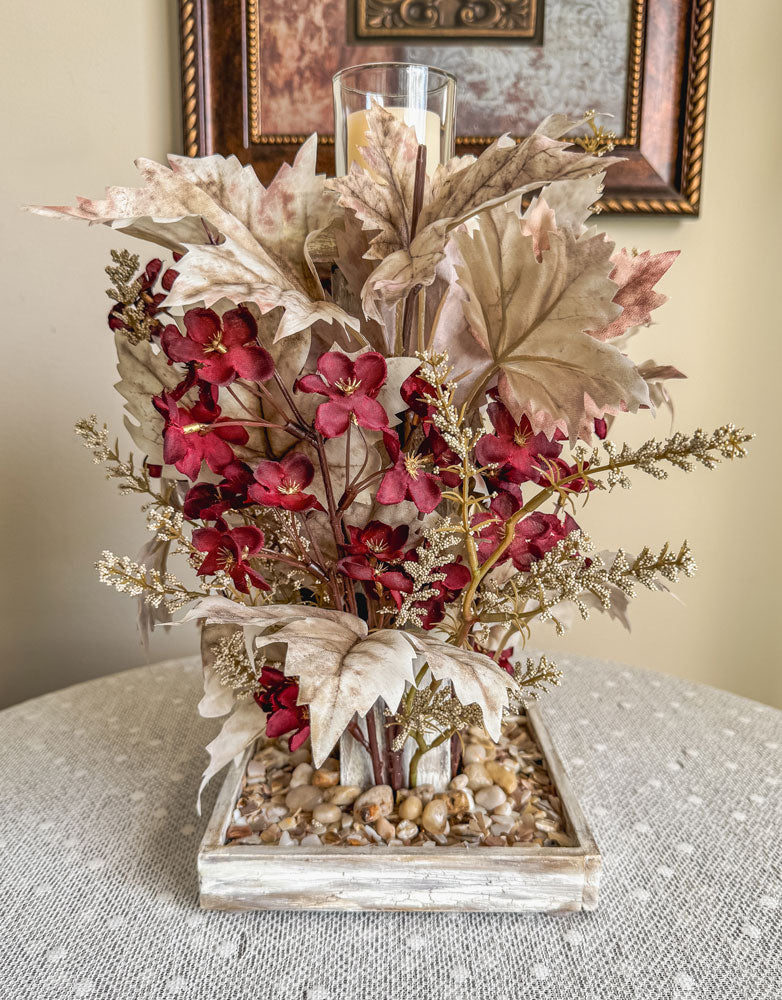Frosty autumn handcrafted candleholder with artificial burgundy flowers