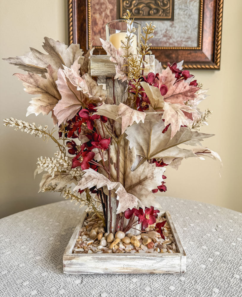 Frosty autumn handcrafted candleholder with artificial burgundy flowers