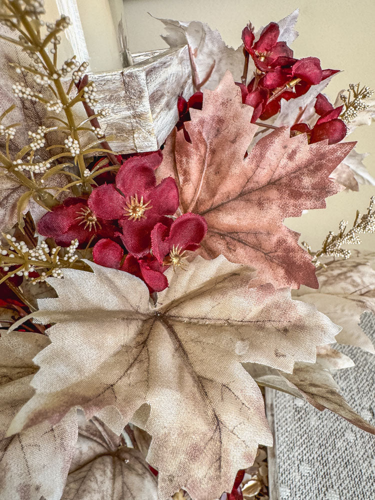 Frosty autumn handcrafted candleholder with artificial burgundy flowers