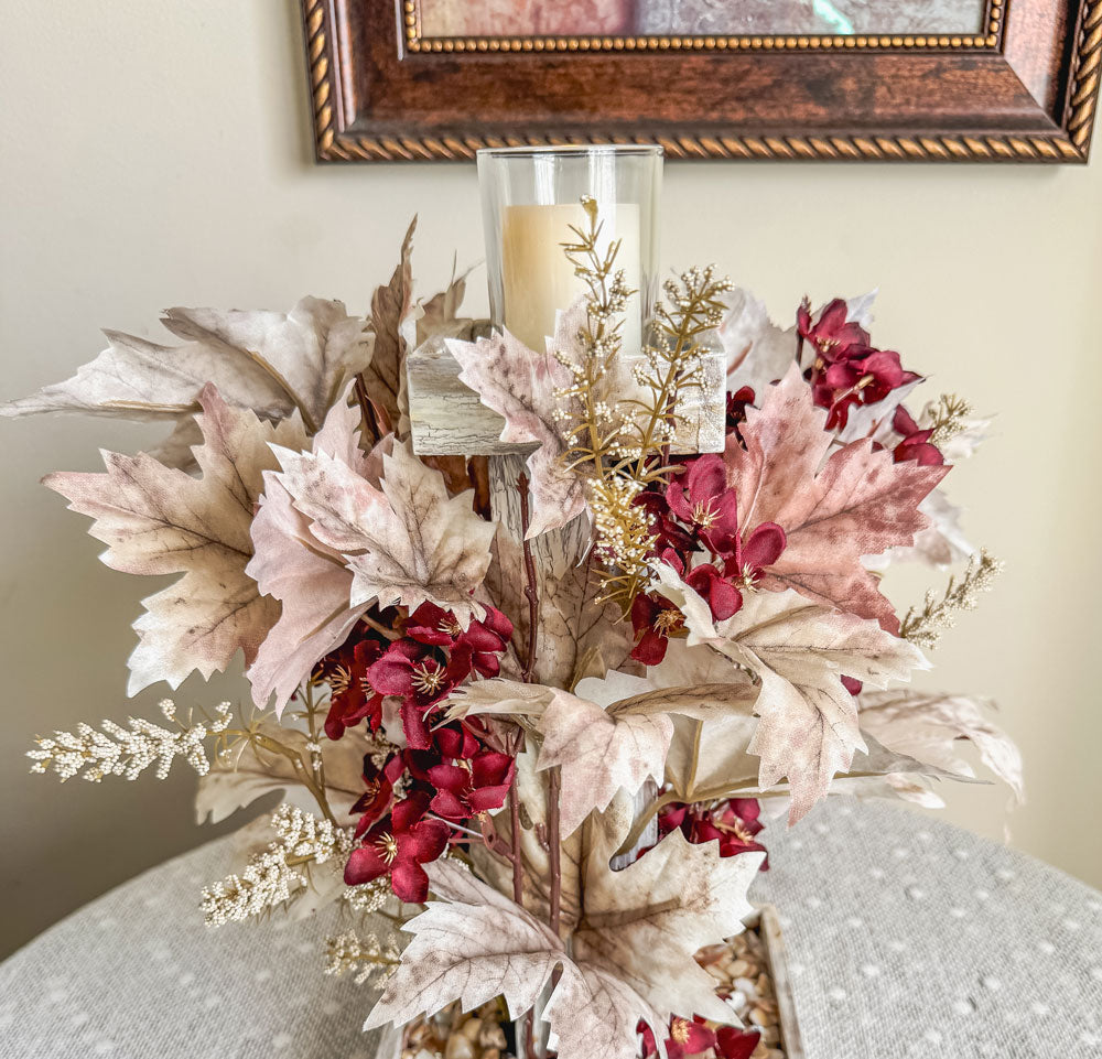Frosty autumn handcrafted candleholder with artificial burgundy flowers