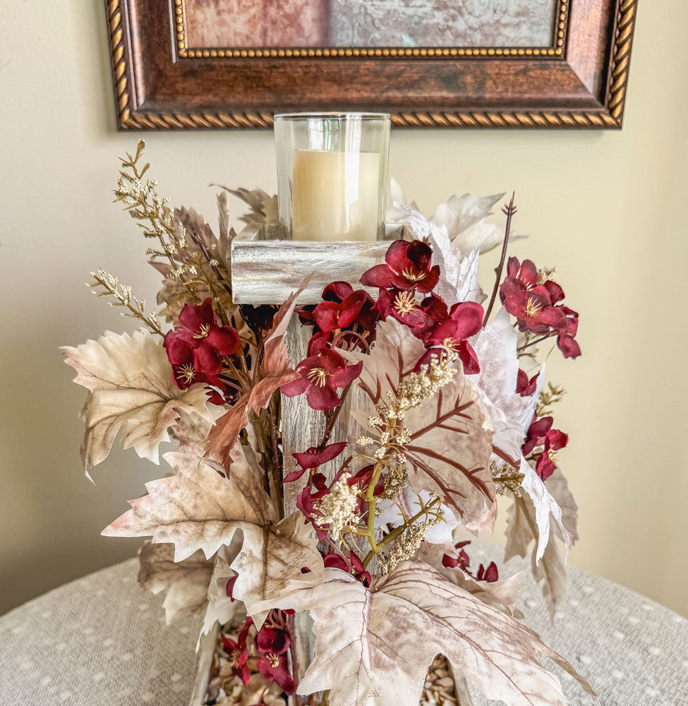 Frosty autumn handcrafted candleholder with artificial burgundy flowers