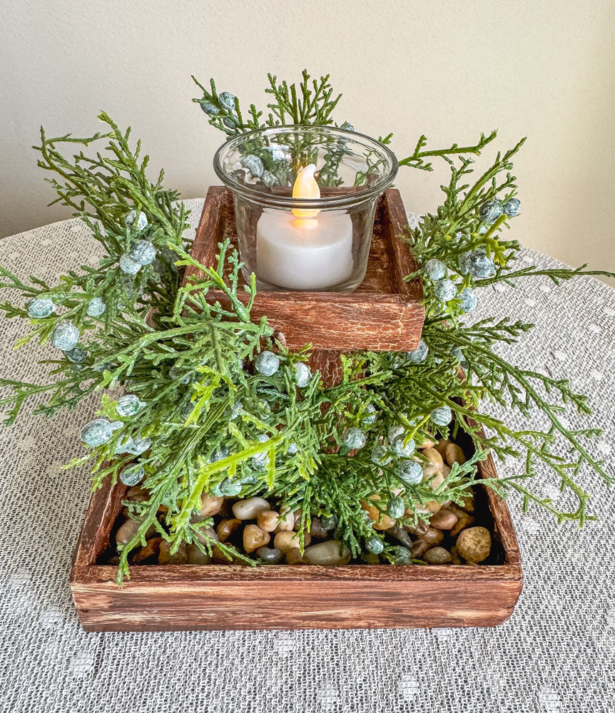 Faux juniper leaves and berries handcrafted wooden candleholder