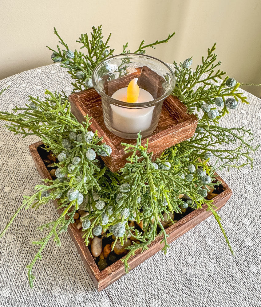 Faux juniper leaves and berries handcrafted wooden candleholder
