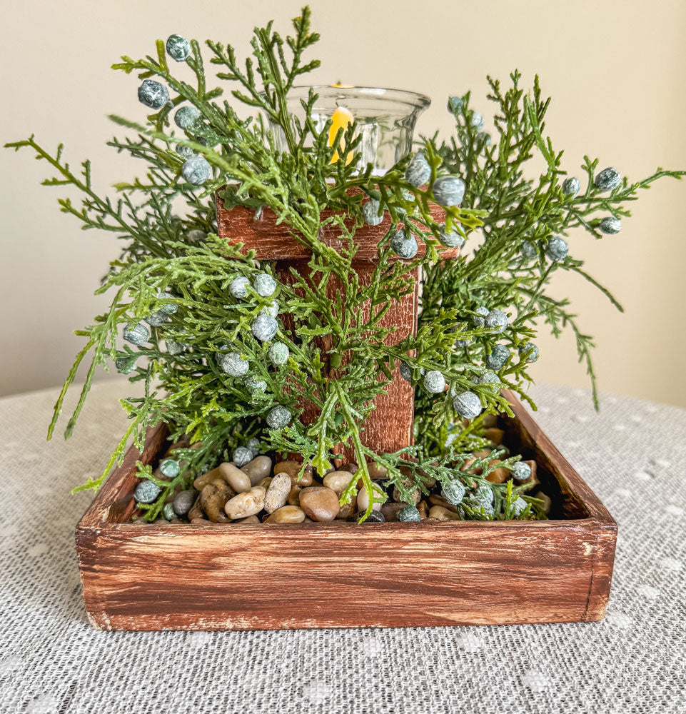 Faux juniper leaves and berries handcrafted wooden candleholder