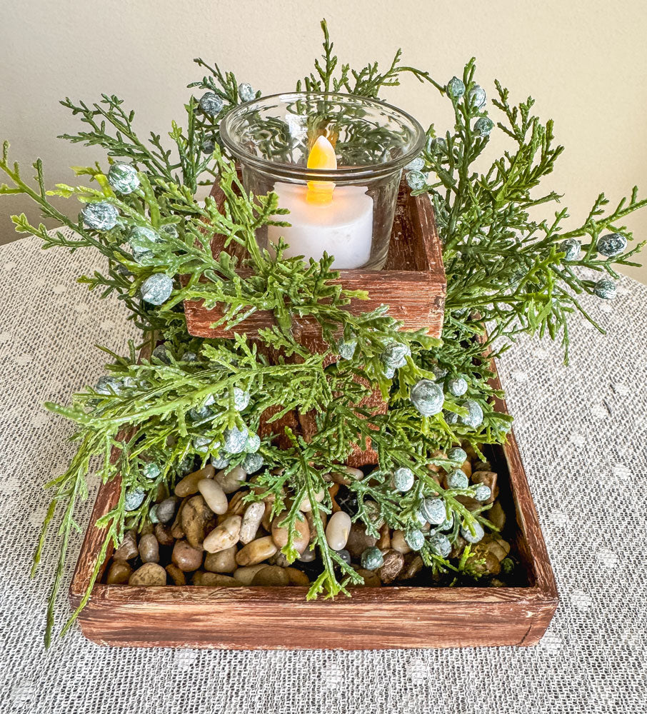 Faux juniper leaves and berries handcrafted wooden candleholder