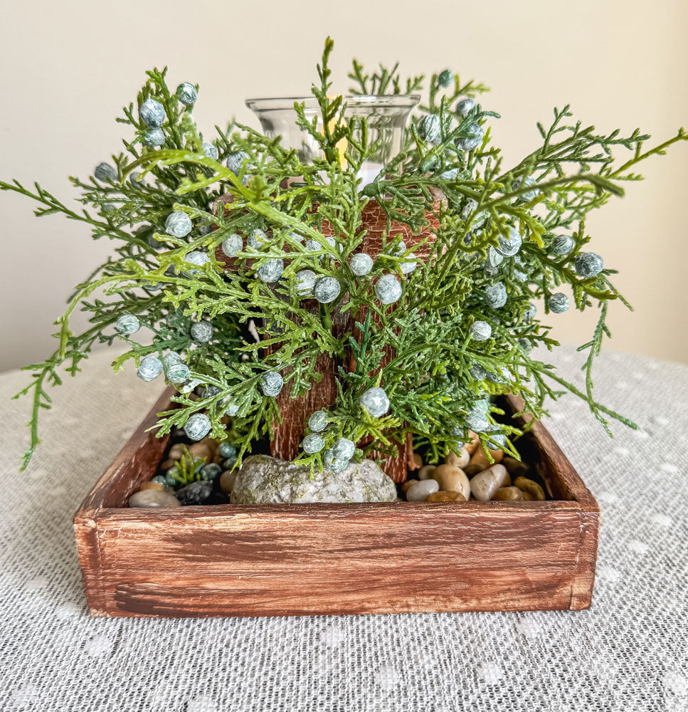 Faux juniper leaves and berries handcrafted wooden candleholder