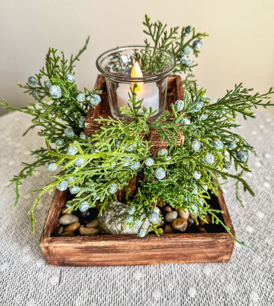 Faux juniper leaves and berries handcrafted wooden candleholder