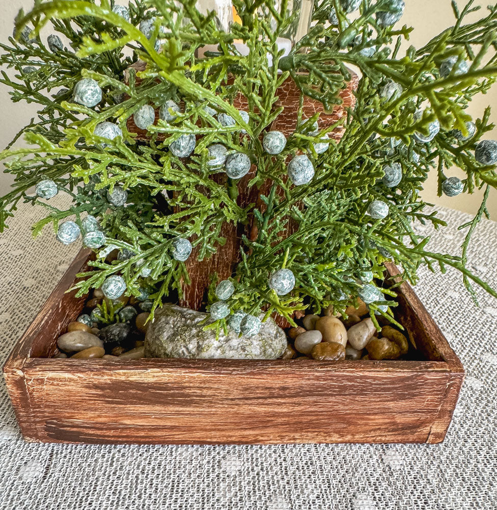 Faux juniper leaves and berries handcrafted wooden candleholder