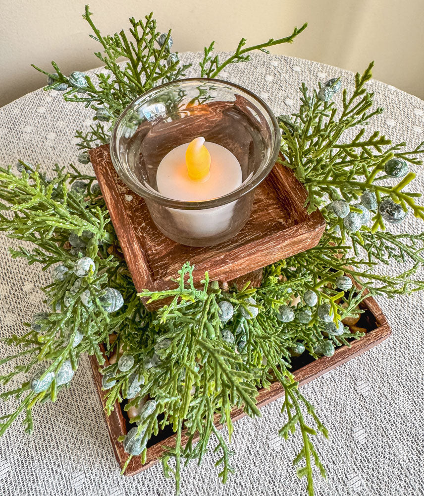 Faux juniper leaves and berries handcrafted wooden candleholder