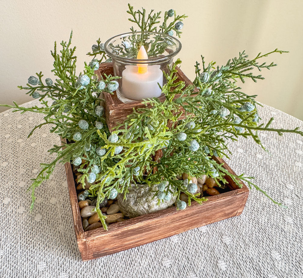 Faux juniper leaves and berries handcrafted wooden candleholder