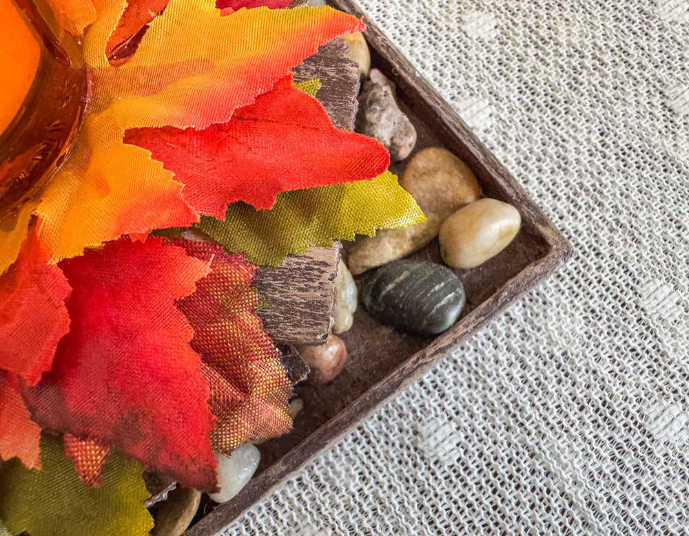 Fall rustic votive candleholder with a stacked wood bonfire design