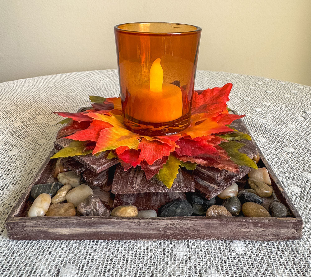 Fall rustic votive candleholder with a stacked wood bonfire design